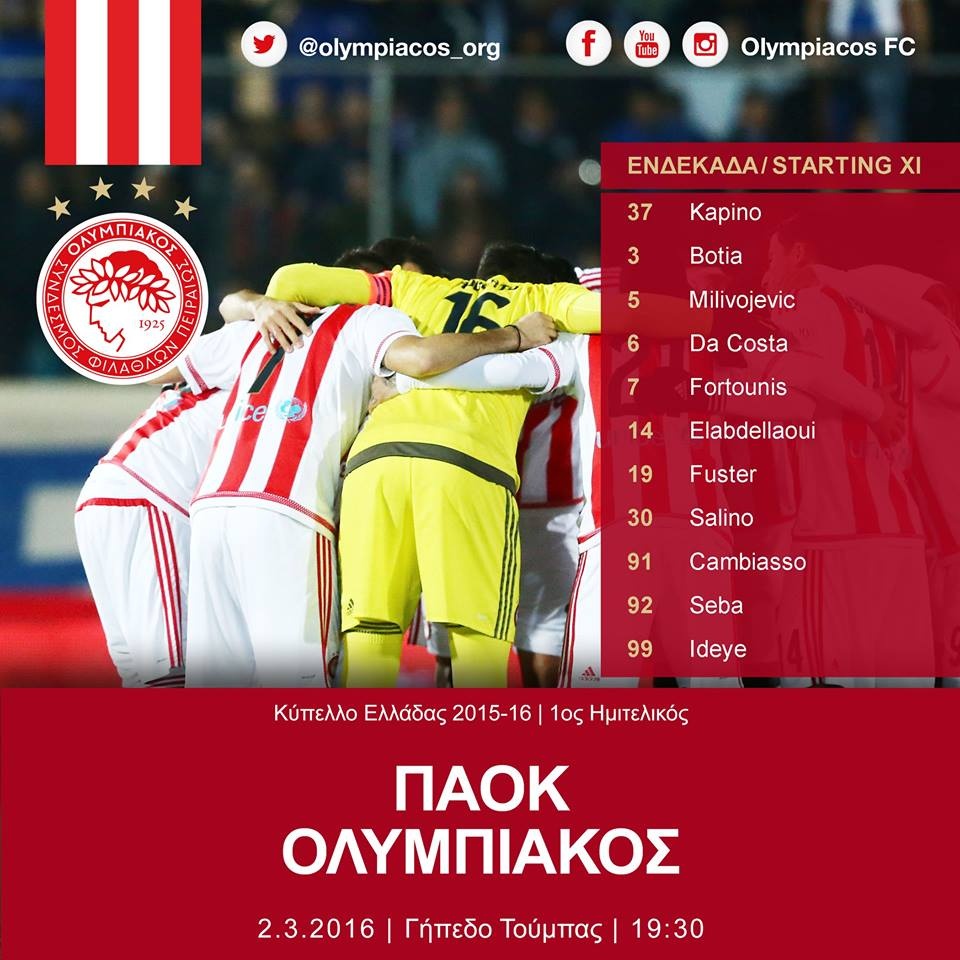 Ολυμπιακός: Η ενδεκάδα με ΠΑΟΚ (photo)