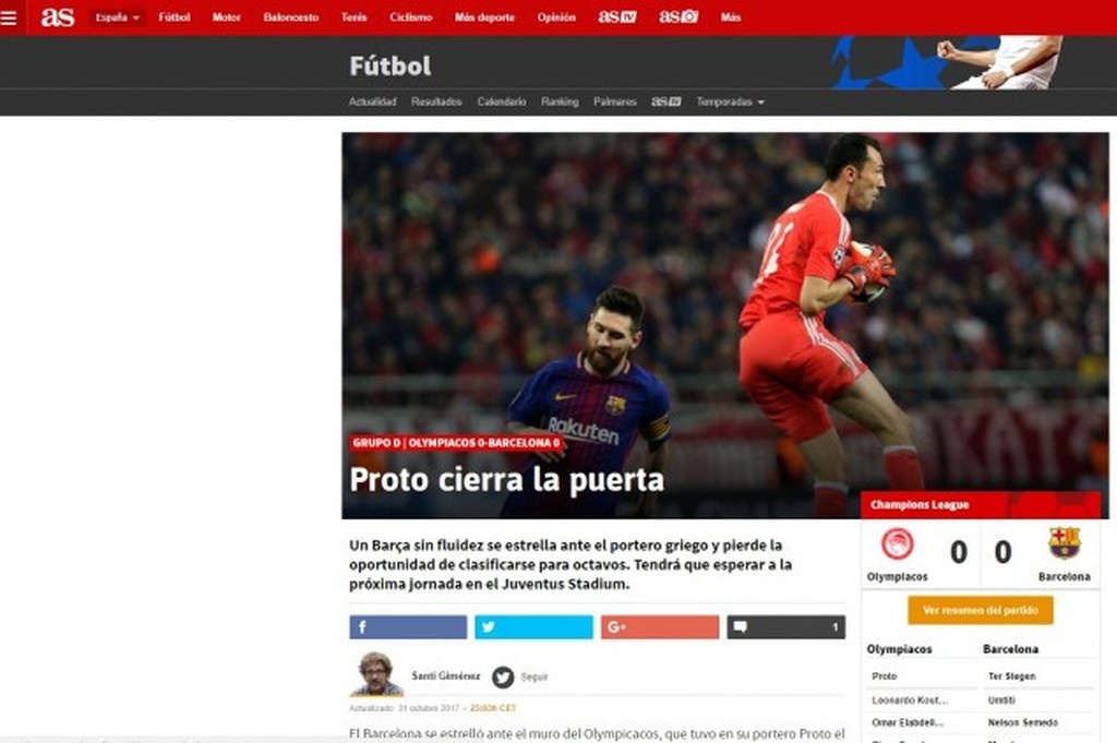 Ολυμπιακός - Μπαρτσελόνα 0-0: Αποθεώνει… Προτό και «ερυθρόλευκη» άμυνα ο Τύπος της Ισπανίας (photos)
