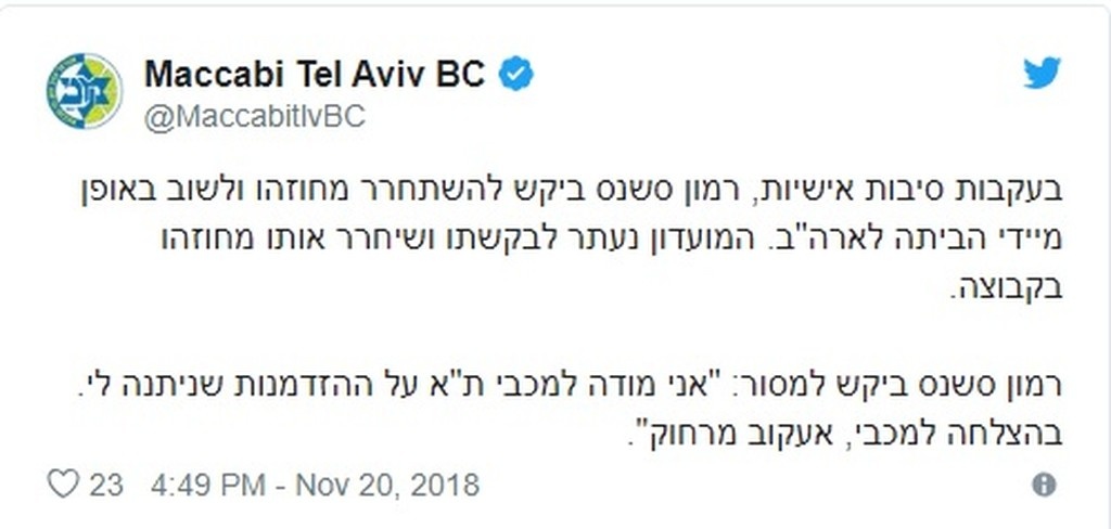 Μακάμπι Τελ Αβίβ: Παρελθόν μετά από 17 ημέρες ο Σέσιονς!