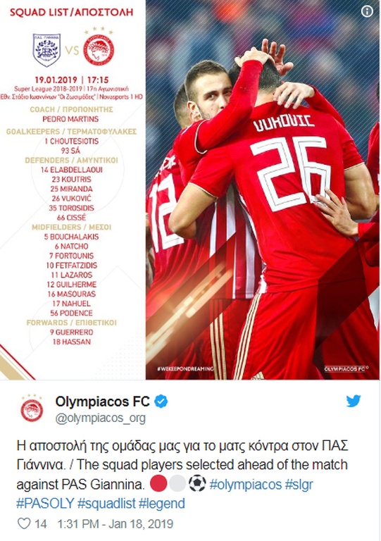 Ολυμπιακός: Η αποστολή για τα Γιάννενα