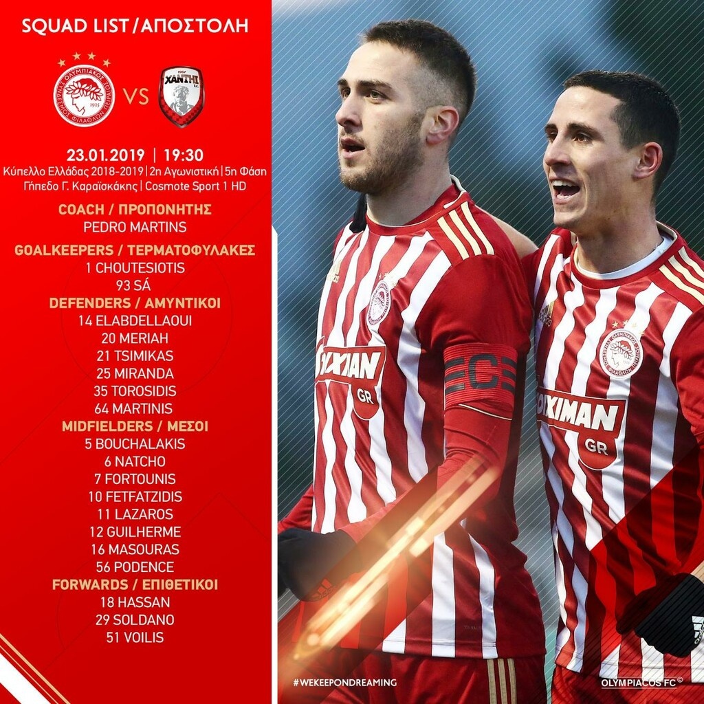 Ολυμπιακός: Με Σολδάνο η αποστολή για Ξάνθη