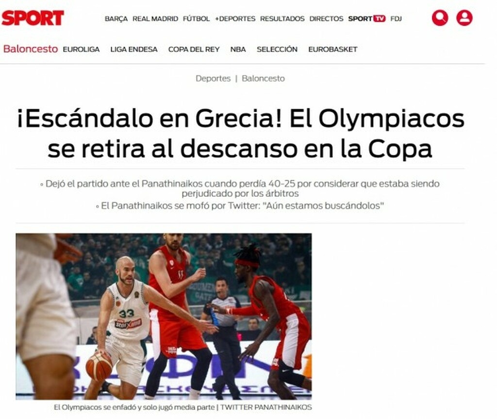 Η καταλανική «Sport» ασχολήθηκε με το θέμα, έχοντας τίτλο: «Σκάνδαλο στην Ελλάδα! Ο Ολυμπιακός αποχώρησε από το παιχνίδι Κυπέλλου»