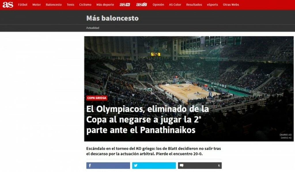 Η «As» ασχολήθηκε και αυτή με τα γεγονότα του ΟΑΚΑ. «Ο Ολυμπιακός αποκλείστηκε από το Κύπελλο, αρνούμενο να αγωνιστεί στο δεύτερο ημίχρονο κόντρα στον Παναθηναϊκό», ήταν ο τίτλος.