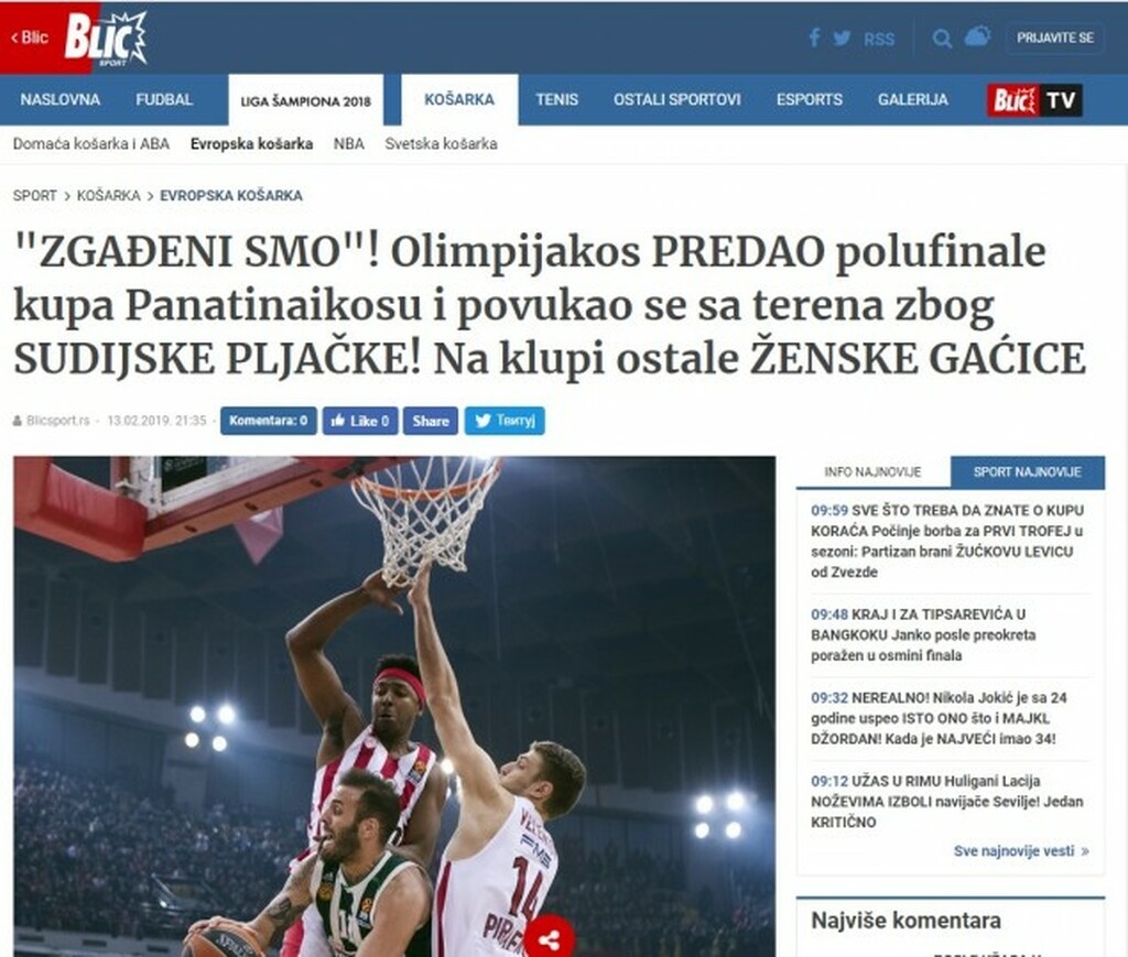Η σερβική «Blic» τόνισε στο δικό της δημοσίευμα «Ο Ολυμπιακός αποχώρησε από το παιχνίδι με τον Παναθηναϊκό, λόγω απόφαση της ομάδας! Στον πάγκο παρέμεινε ένα κόκκινο εσώρουχο».