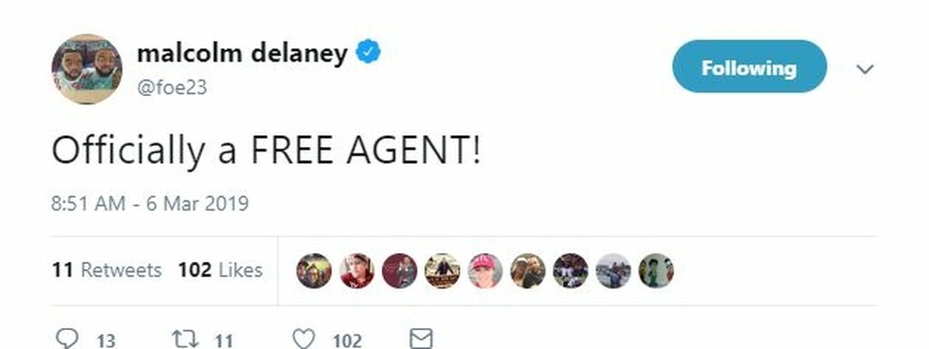 Το tweet του Ντιλέινι που ενημέρωσε πως είναι πια free agent