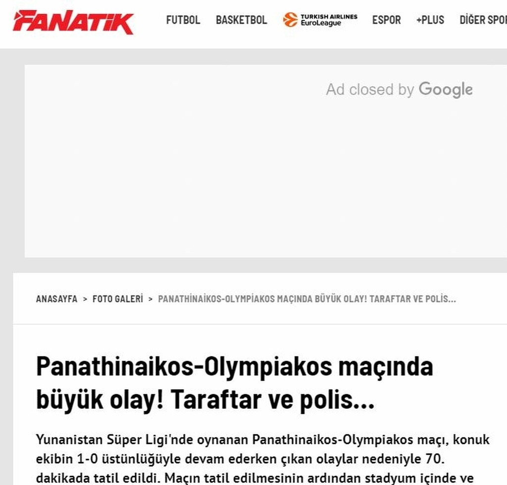 Πρώτο θέμα στην τουρκική Fanatik τα επεισόδια
