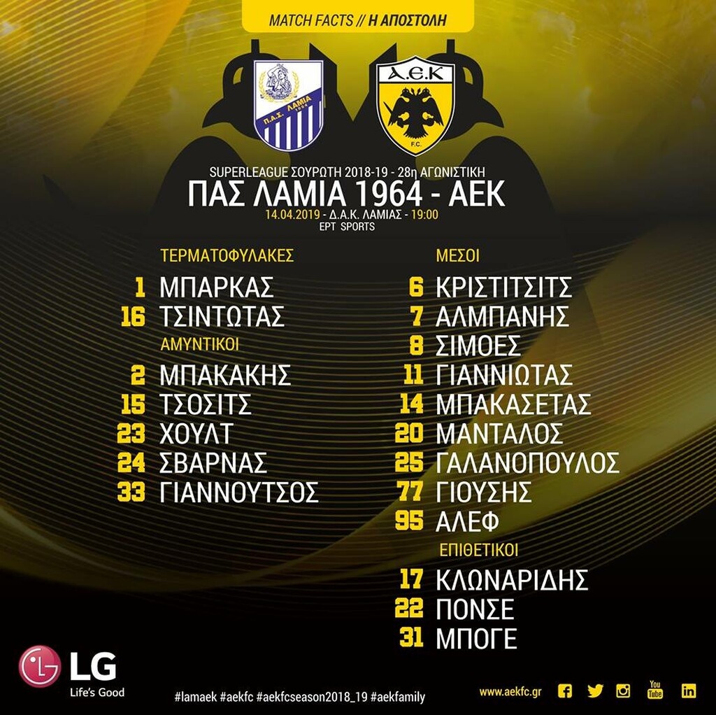 ΑΕΚ: Με απουσίες στη Λαμία