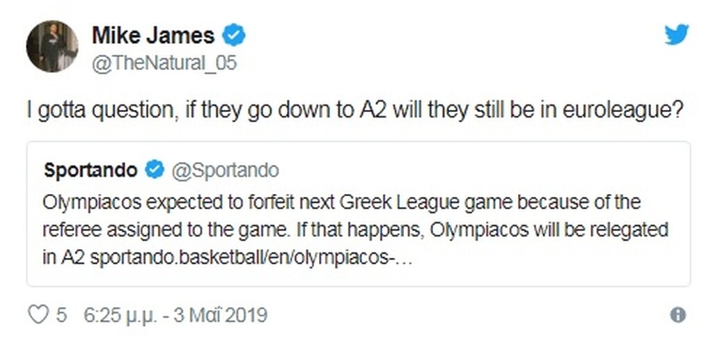 Μάικ Τζέιμς: «Αν ο Ολυμπιακός υποβιβαστεί, θα παίζει στη Euroleague;» (photo)