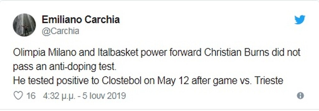 Το tweet του Ιταλού δημοσιογράφου που ενημέρωσε για την είδηση...