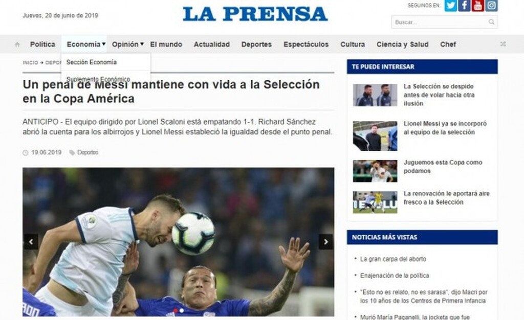 «Ένα πέναλτι του Μέσι κράτησε ζωντανή την εθνική ομάδα στο Κόπα Αμέρικα» είναι ο τίτλος της «La Prensa».