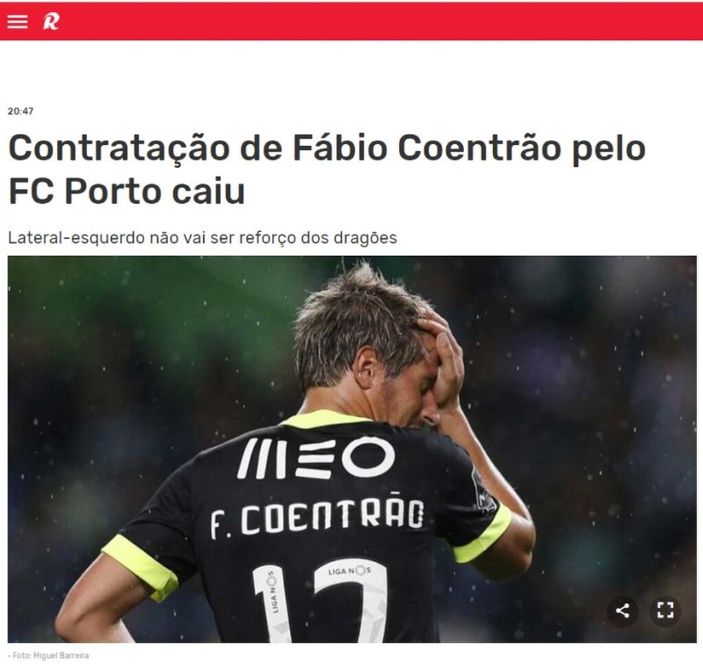 Στην Πορτογαλία ο Τύπος αναφέρει πως οι αντιδράσεις των οπαδών της Πόρτο στη μεταγραφή του Κοεντράο ήταν τεράστιες κι έτσι οι «δράκοι» έβαλαν... stop στη μεταγραφή.