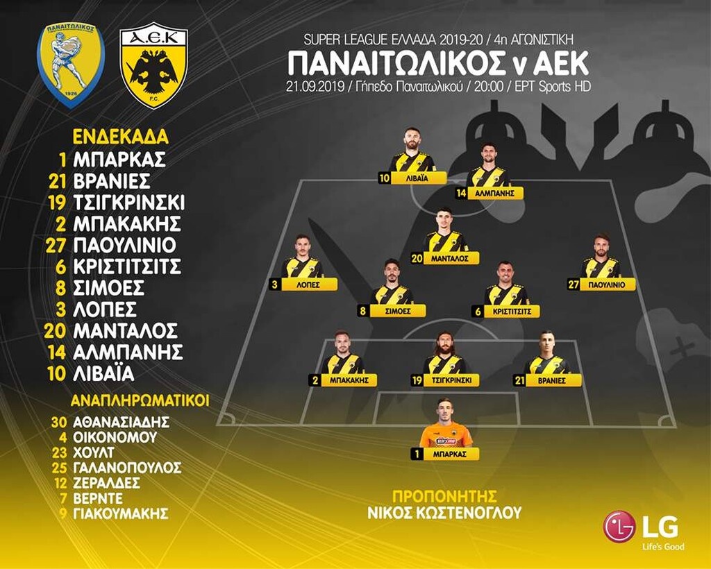 Παναιτωλικός-ΑΕΚ: Η «κιτρινόμαυρη» ενδεκάδα