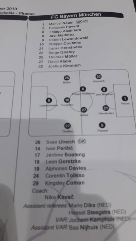 Ολυμπιακός – Μπάγερν Μονάχου: Οι ενδεκάδες του αγώνα (photos)