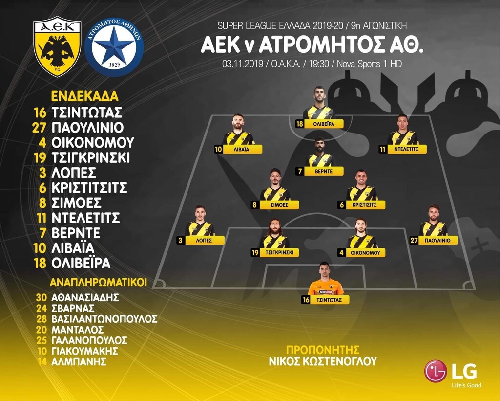 ΑΕΚ-Ατρόμητος: Η ενδεκάδα των «κιτρινόμαυρων» (photo)