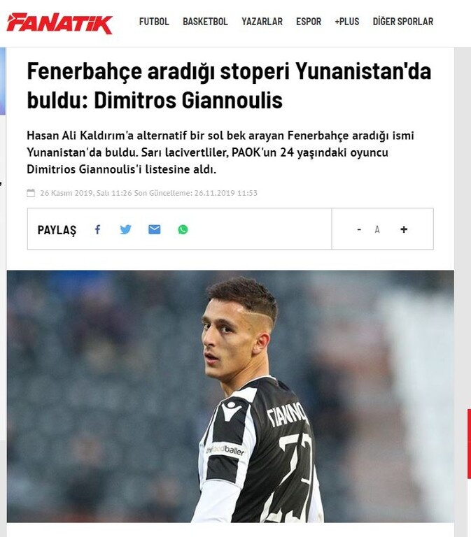 Δημοσιεύματα επιμένουν για ενδιαφέρον της Φενέρμπαχτσε, η οποία παρακολουθεί την περίπτωσή του.