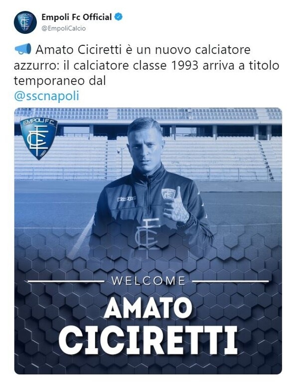 Η ομάδα της Serie B ανακοίνωσε την απόκτησή του ως δανεικό μέχρι το τέλος της φετινής σεζόν