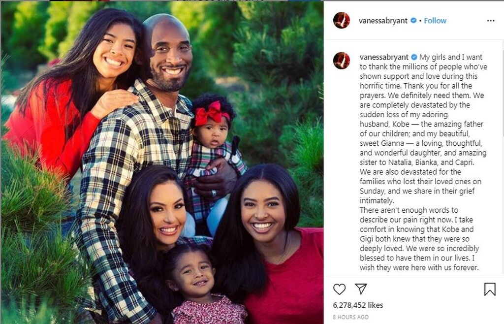 «Είμαστε συντετριμμένοι από την ξαφνική απώλεια του λατρεμένου μου συζύγου και καταπληκτικού πατέρα των τεσσάρων παιδιών μας και της πανέμορφης και γλυκιάς μου κόρης Τζιάνα. Δεν υπάρχουν αρκετές λέξεις για να περιγράψω τον πόνο που αισθανόμαστε.