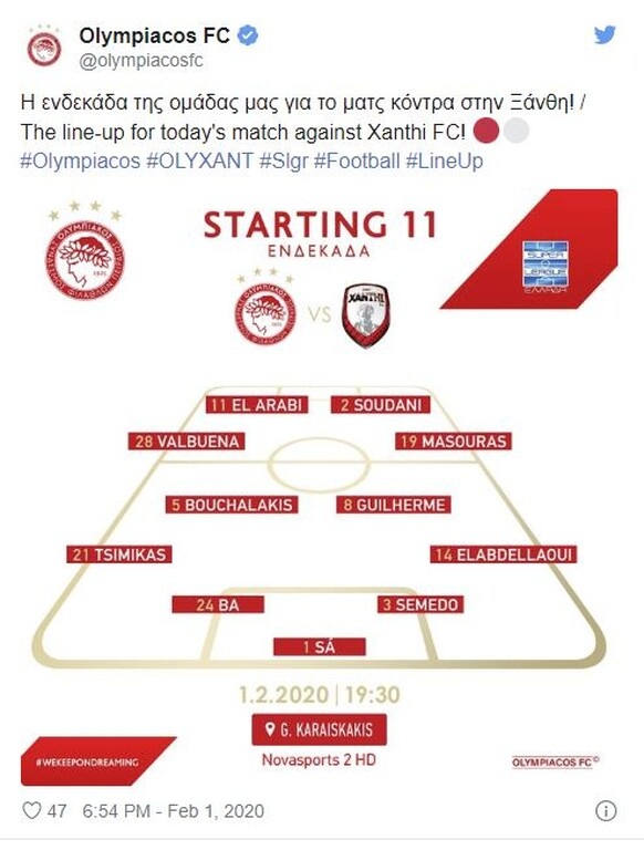 Ολυμπιακός-Ξάνθη: «Ερυθρόλευκη» ενδεκάδα με Σουντανί (photos)