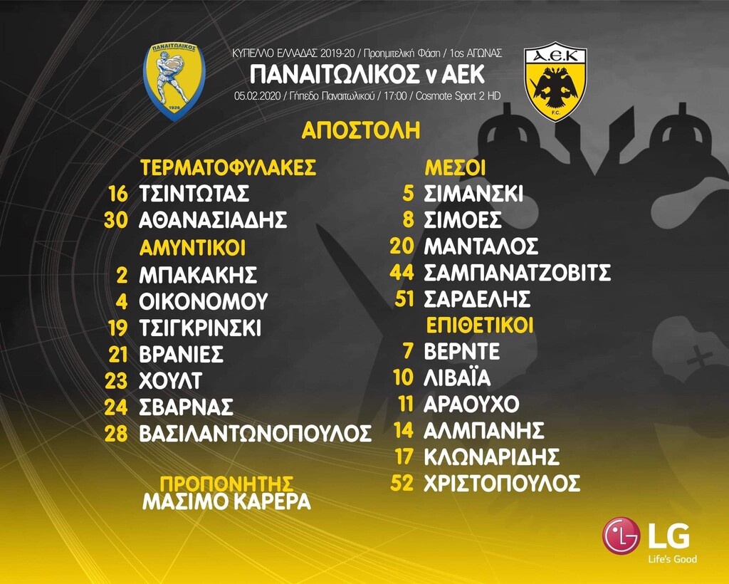 ΑΕΚ: Με… επιστροφές και απουσίες στο Αγρίνιο