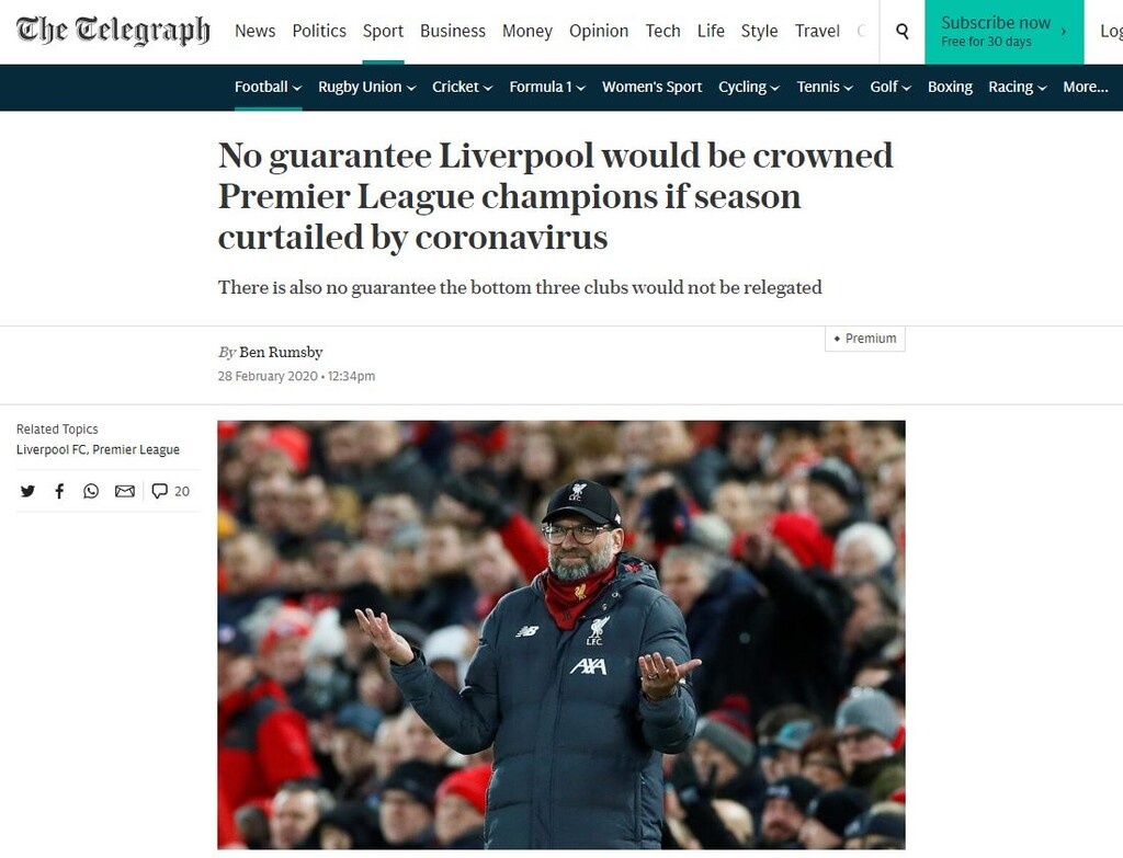 Η βρετανική κυβέρνηση σκέφτεται να αποφασίσει αναβολή κάθε αγωνιστικής δραστηριότητας για τους επόμενους 2 μήνες, κάτι που σημαίνει ότι η Premier League θα... μείνει στη μέση.