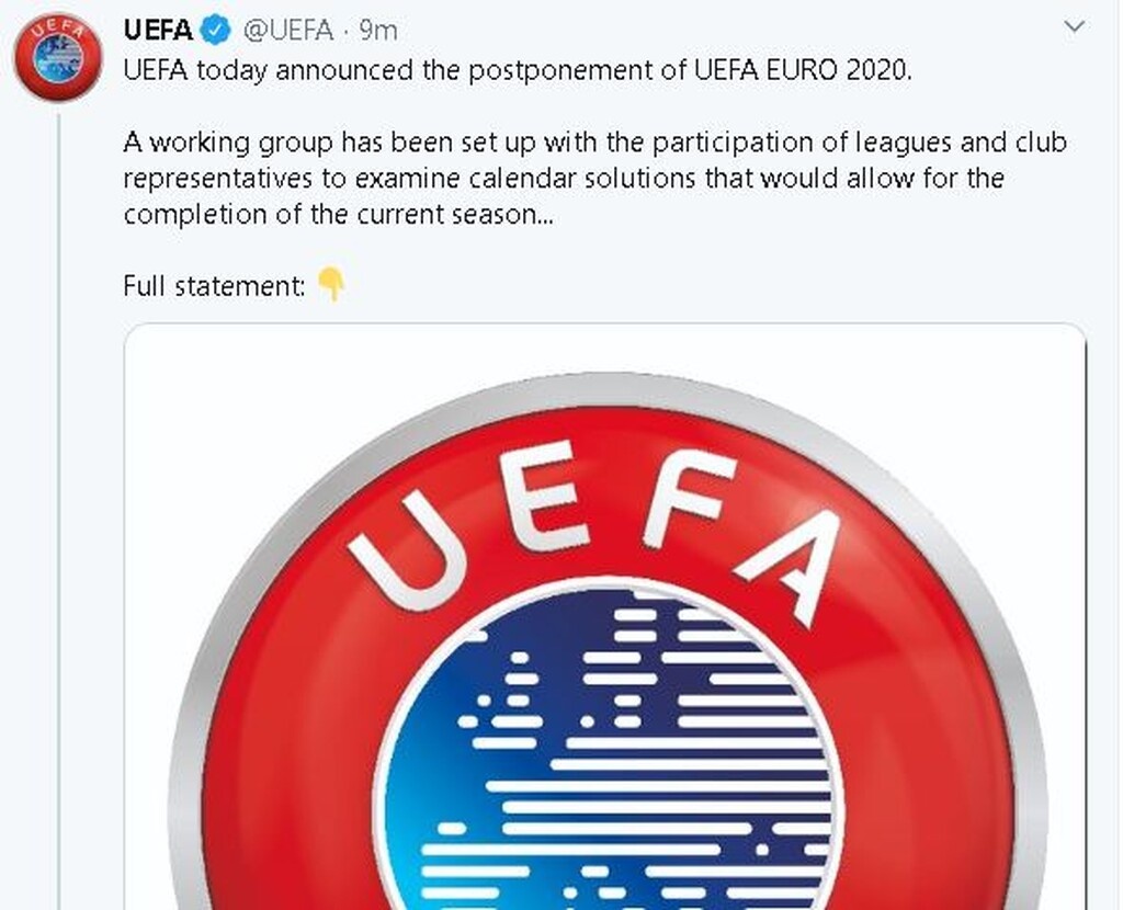 Euro 2020: Επίσημη αναβολή και μετάθεση για το 2021 ανακοίνωσε η UEFA