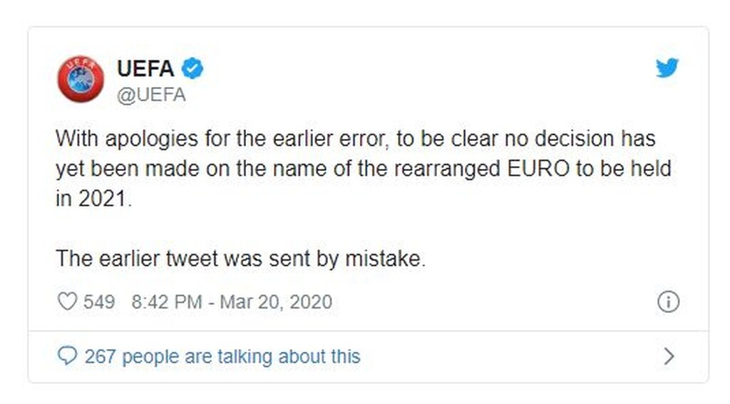Και το tweet  της... επανόρθωσης από την ευρωπαϊκή ομοσπονδία.