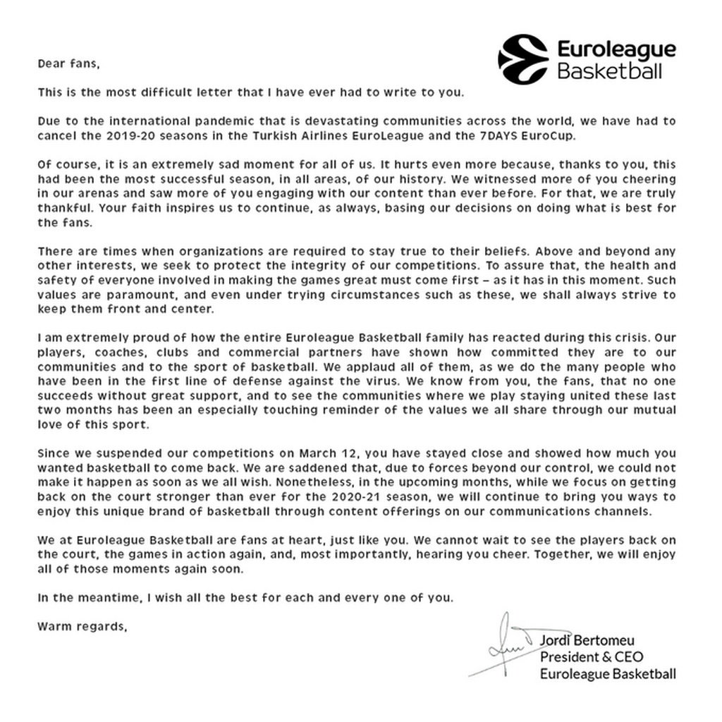 Μπερτομέου: «Αποφασίσαμε τη διακοπή για την υγεία και την ασφάλεια όλων»