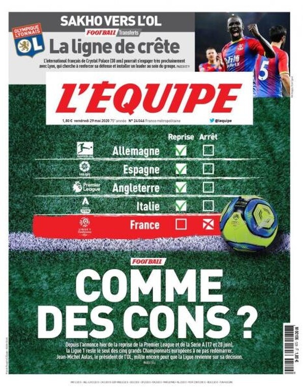 Το μυθικό πρωτοσέλιδο της «L' Equipe» για το «λουκέτο» στην Ligue 1 (photos)