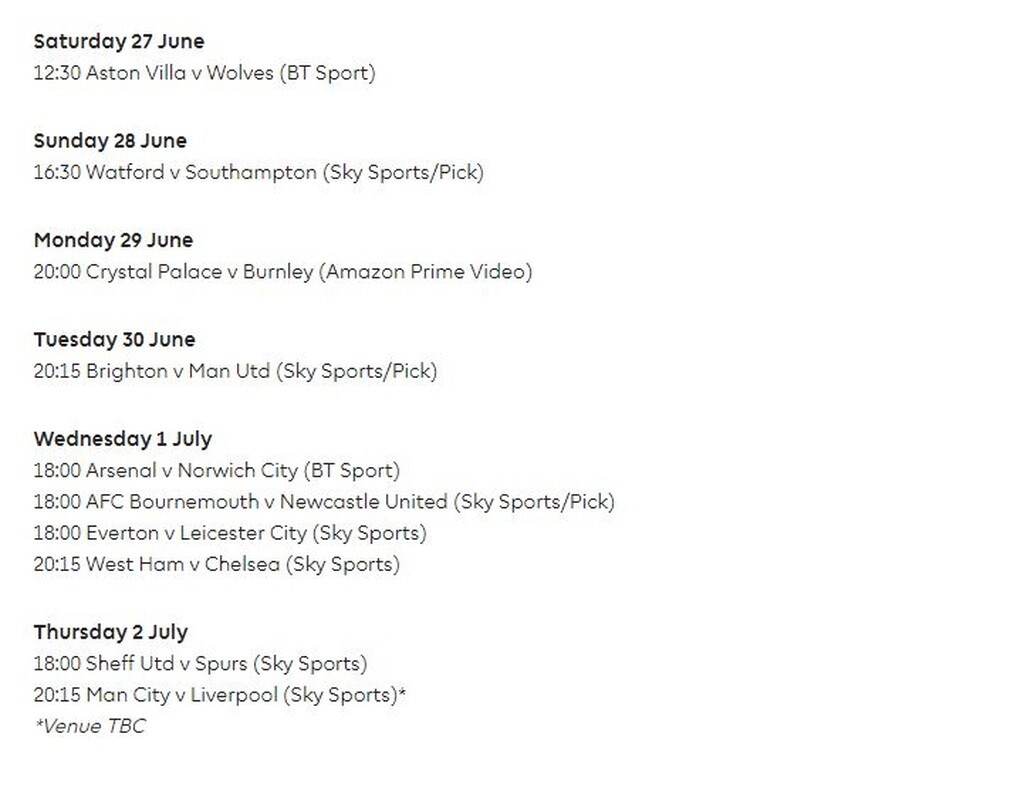 Το πρόγραμμα της Premier League μέχρι τις 2 Ιουλίου (photos)