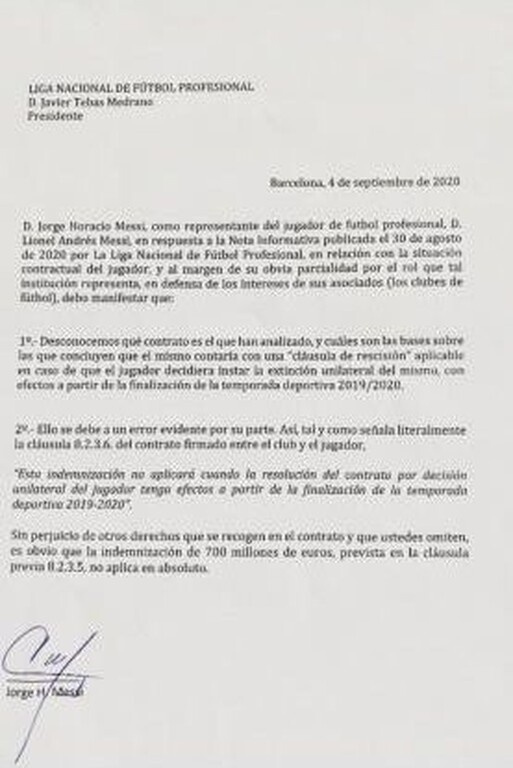 Η επιστολή  της πλευράς του Λιονέλ Μέσι