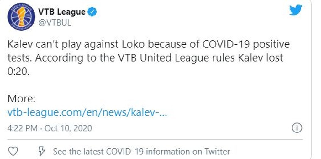 VTB League: Νίκη στα χαρτιά λόγω κορονοϊού για την Κουμπάν