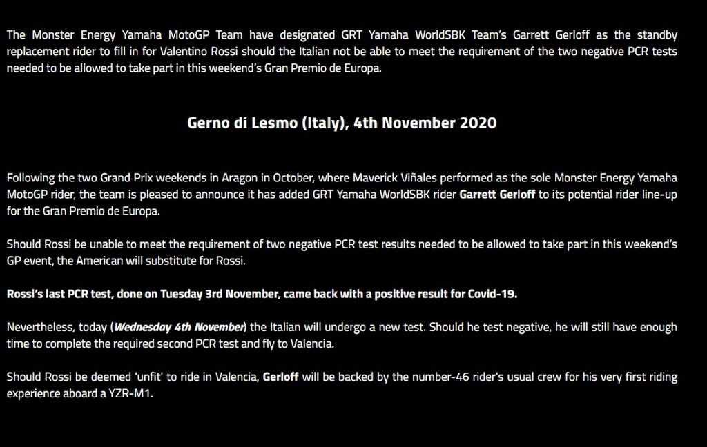 MotoGP: Παραμένει θετικός στον κορονοϊό ο Ρόσι, αντικαταστάτης του ο Γκέρλοφ (photo)