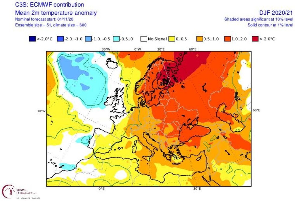 Προγνωστικοί χάρτες του ECMWF και του C3S multi-modelsystem με τις αποκλίσεις της θερμοκρασίας για τον χειμώνα 2020-2021(3-month average), με αρχικές τιμές της 01/11/202