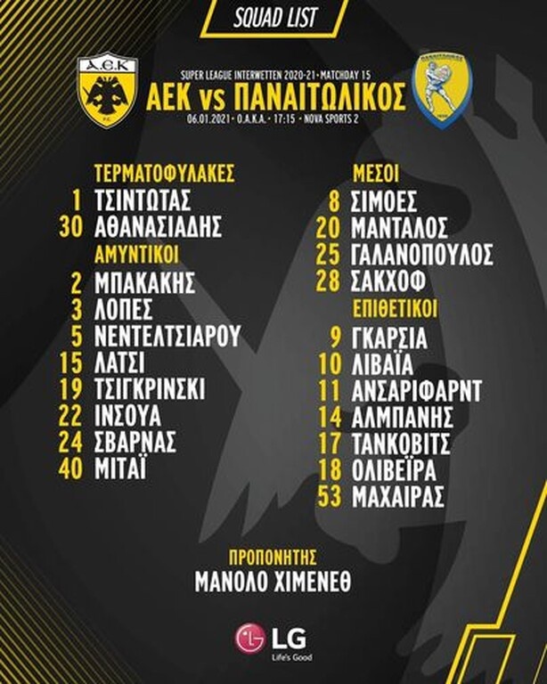 ΑΕΚ: Επιστρέφει ο Σάκχοφ με Παναιτωλικό - Μέσα ο Μπακάκης, εκτός ο Χνιντ (photo)
