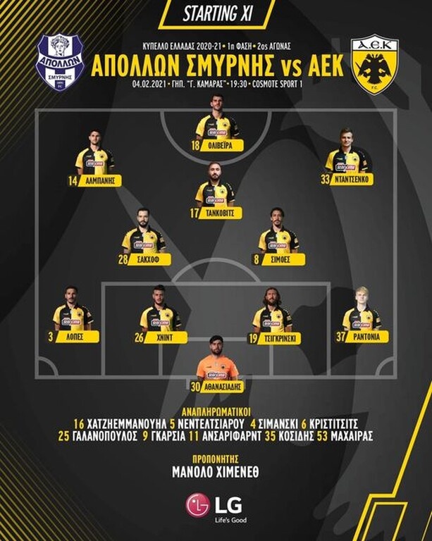 Απόλλων Σμύρνης-ΑΕΚ: Ντεμπούτο Νταντσένκο – Οι ενδεκάδες των ομάδων (photo)