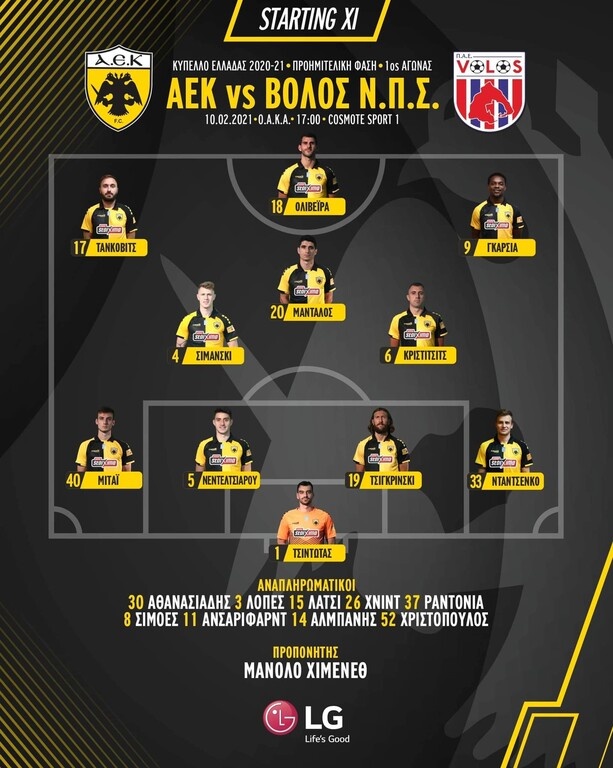 ΑΕΚ-ΝΠΣ Βόλος: Με Τσιγκρίνσκι και Ολιβέιρα η Ένωση - Η ενδεκάδα για το Κύπελλο