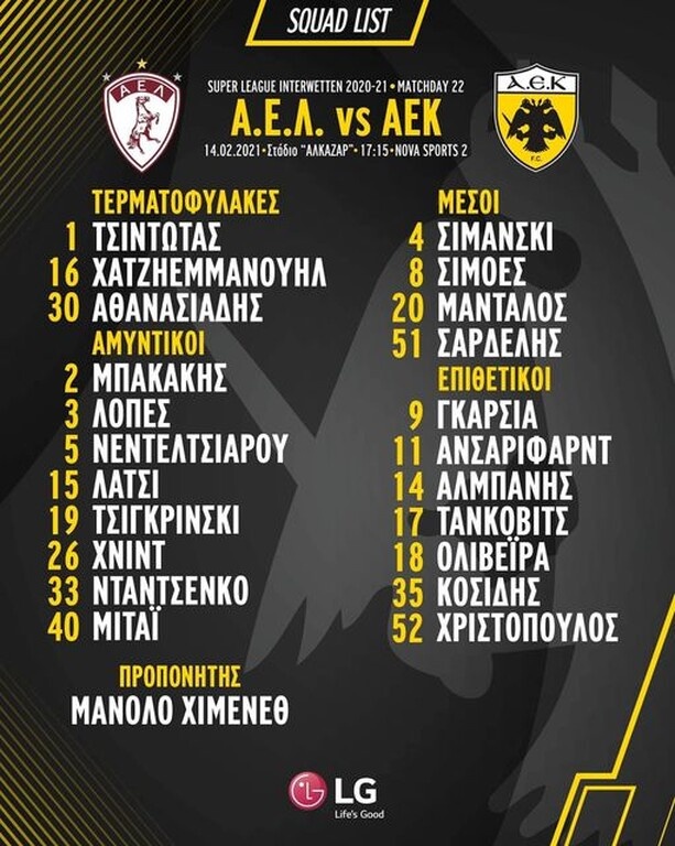 ΑΕΚ: Χωρίς πέντε στη Λάρισα