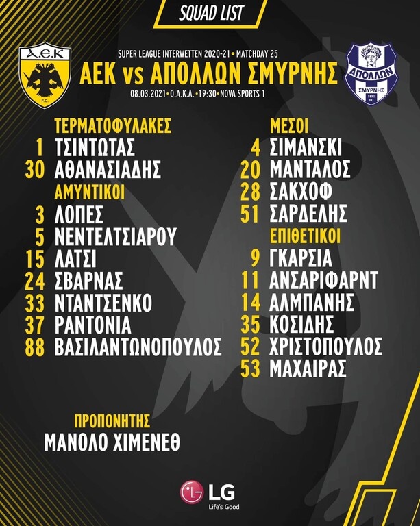 ΑΕΚ: Επτά απόντες με Απόλλωνα - Η αποστολή της Ένωσης