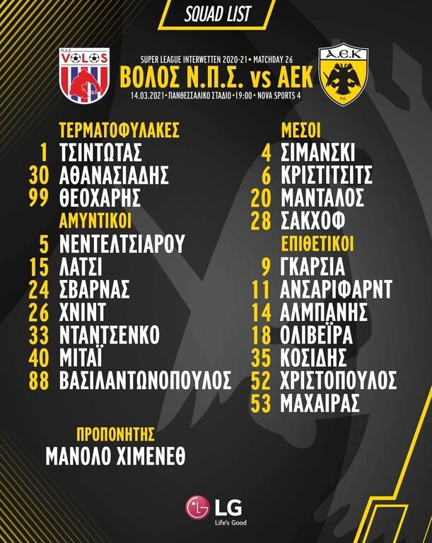 ΑΕΚ: Μέσα ο Ολιβέιρα - Η αποστολή για Βόλο