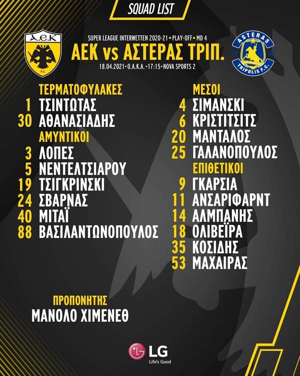 ΑΕΚ: Η 18άδα για Αστέρα