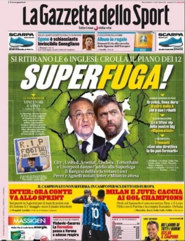 Η «Gazzetta dello Sport» κάνει λόγο για την Super... απόδραση αναφερόμενη στους Άγγλους που έφυγαν από την ESL.