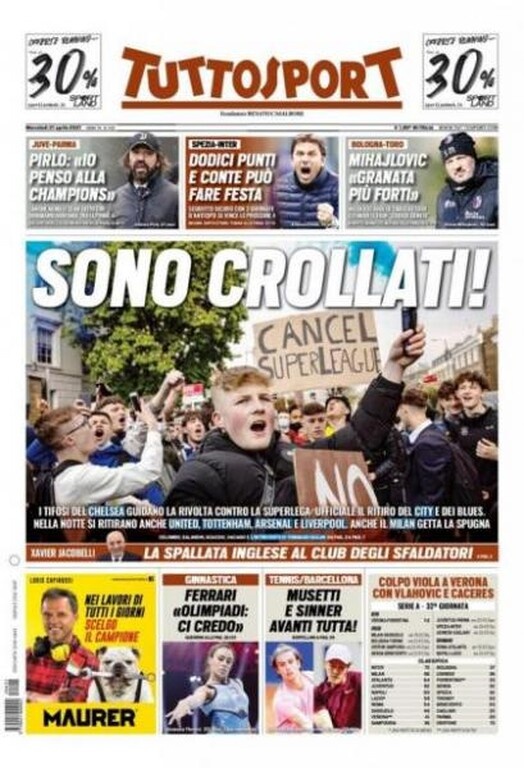 Τέλος η «Tuttosport» αναφέρει πως καταρρέουν τα σχέδια για την ESL με τους Άγγλους να αποχωρούν, ενώ και η Μίλαν πετάει «λευκή πετσέτα».