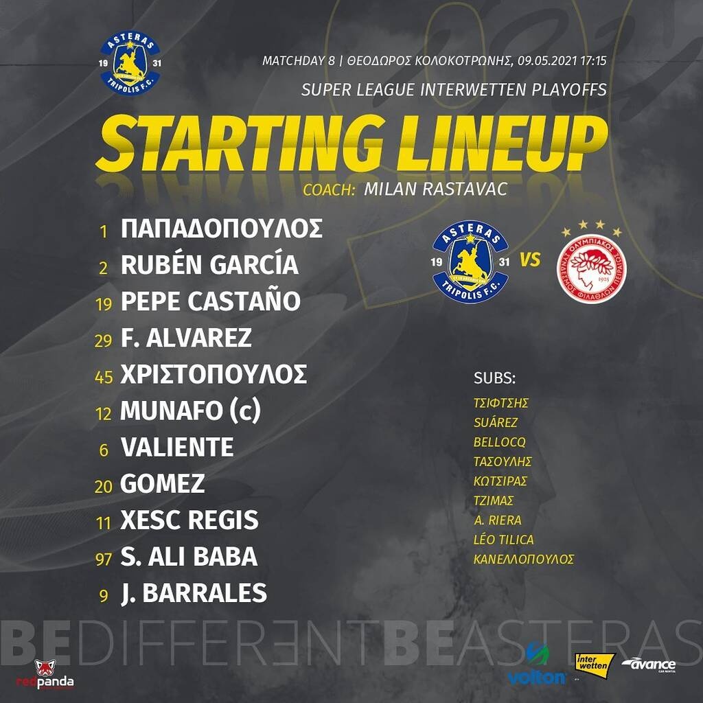 Αστέρας Τρίπολης - Ολυμπιακός: Με Καλογερόπουλο οι «ερυθρόλευκοι» - Οι ενδεκάδες της αναμέτρησης