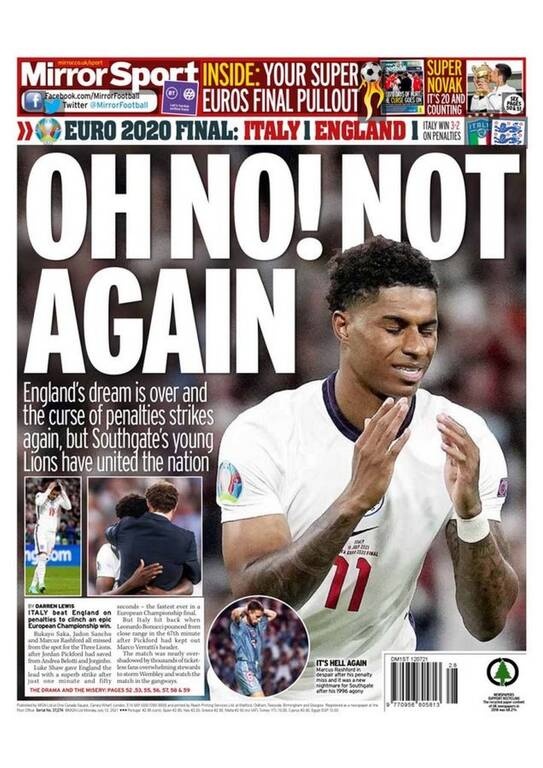 Euro 2020: Τα σχόλια του αγγλικού Τύπου - «Ψηλά το κεφάλι» γράφουν οι Άγγλοι (photos)