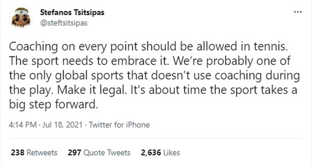 «Το coaching θα έπρεπε να επιτραπεί στο τένις και το άθλημα πρέπει να το αγκαλιάσει. Πιθανόν το τένις να είναι το μοναδικό ατομικό άθλημα παγκοσμίως στο οποίο δεν επιτρέπεται το coaching κατά τη διάρκεια της αναμέτρησης. Κάντε το μόνιμο.