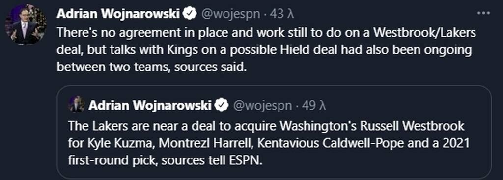 NBA: «Βόμβα» από τους Λέικερς - Φέρνουν στο Λος Άντζελες τον Ουέστμπρουκ