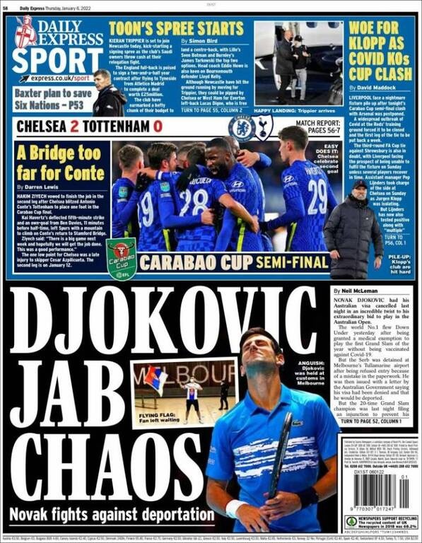 Daily Express: "Τζόκοβιτς, εμβόλιο, χάος"