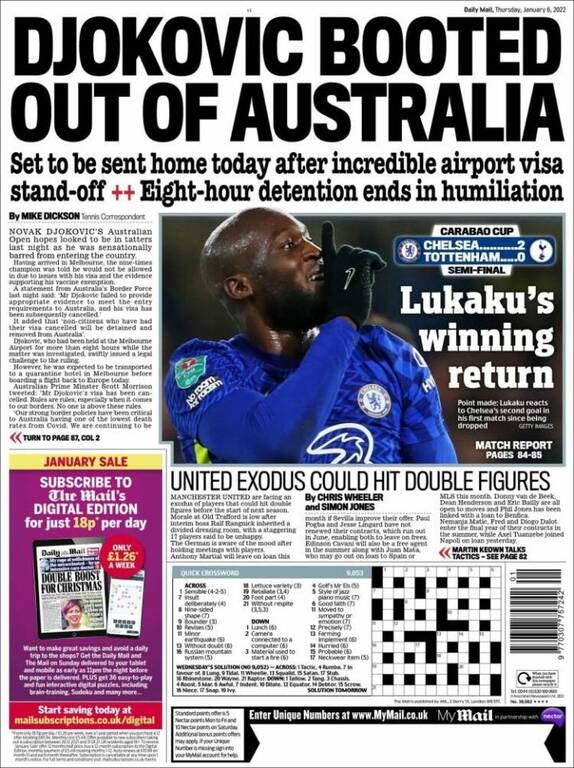 Daily Mail: "Ο Τζόκοβιτς εκδιώχνεται με τις κλωτσιές από την Αυστραλία"