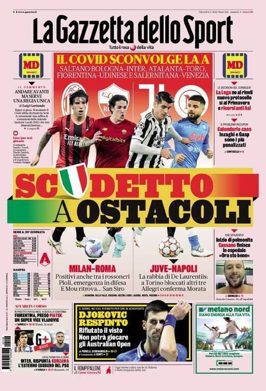 La Gazzetta dello Sport: "Ο Τζόκοβιτς απελάθηκε. Απορρίφθηκε η βίζα. Δεν μπορεί να παίξει στο Australian Open"