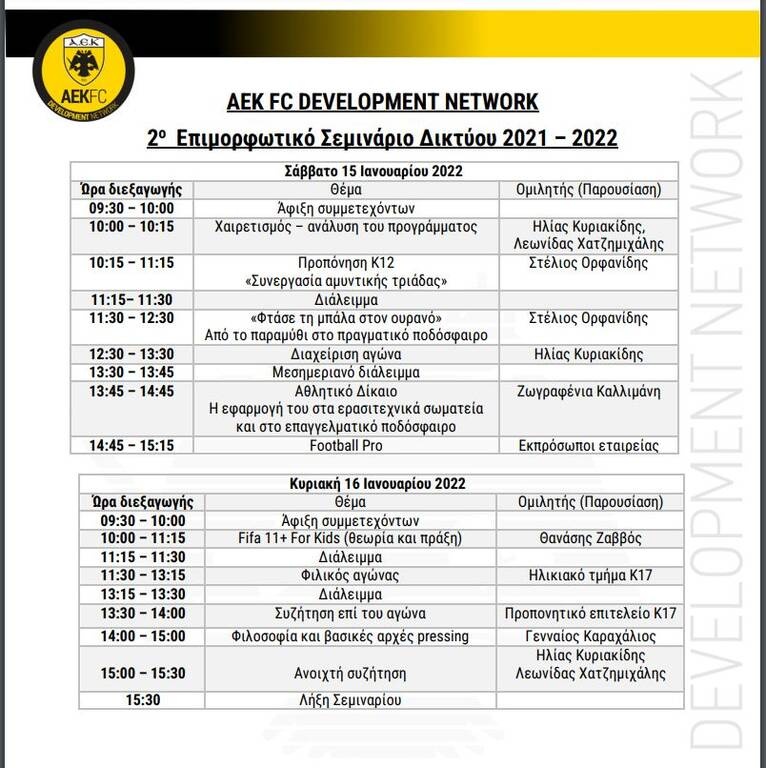 ΑΕΚ: Το 2ο Σεμινάριο Δικτύου Ακαδημιών 2021-22